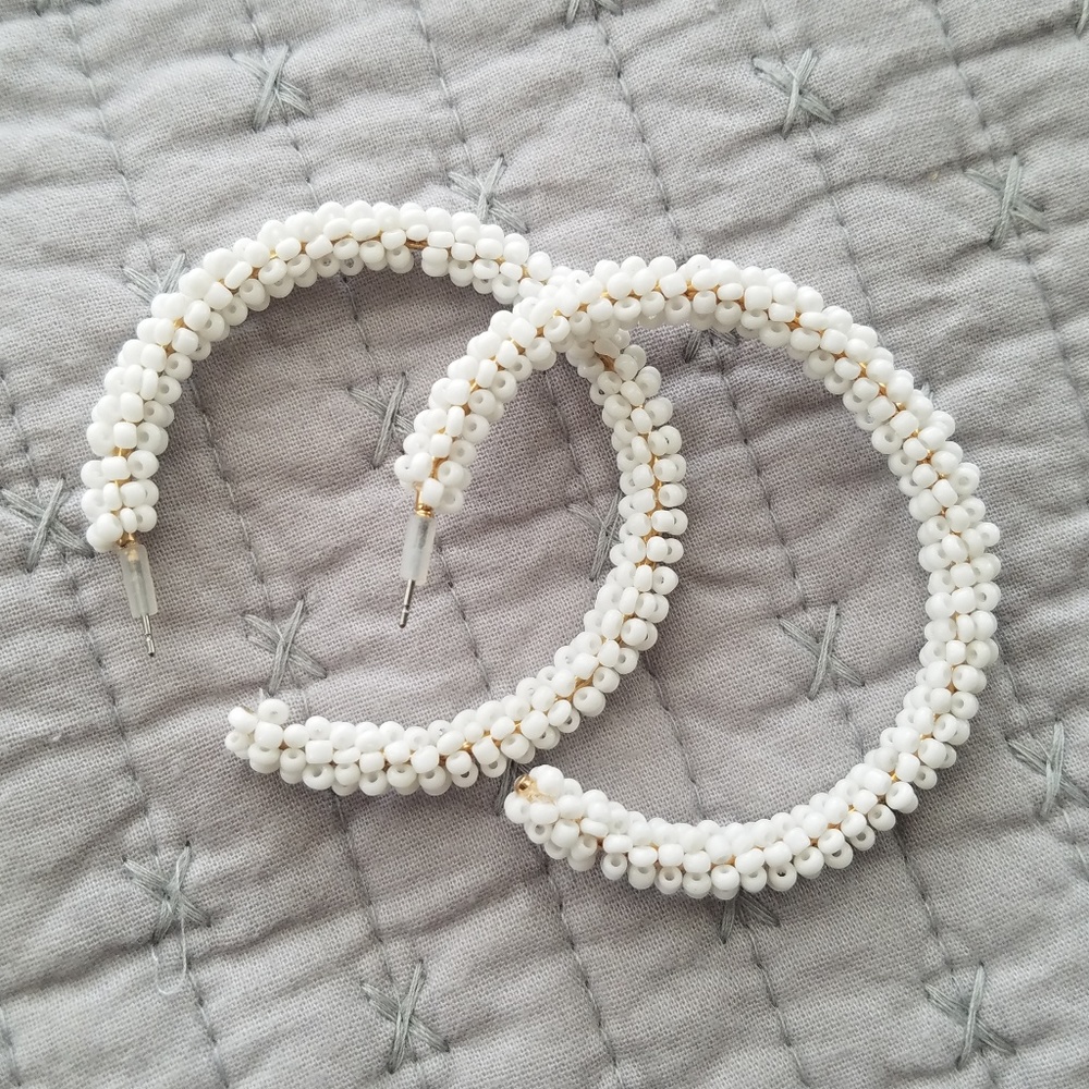 White Beaded Hoop Earrings